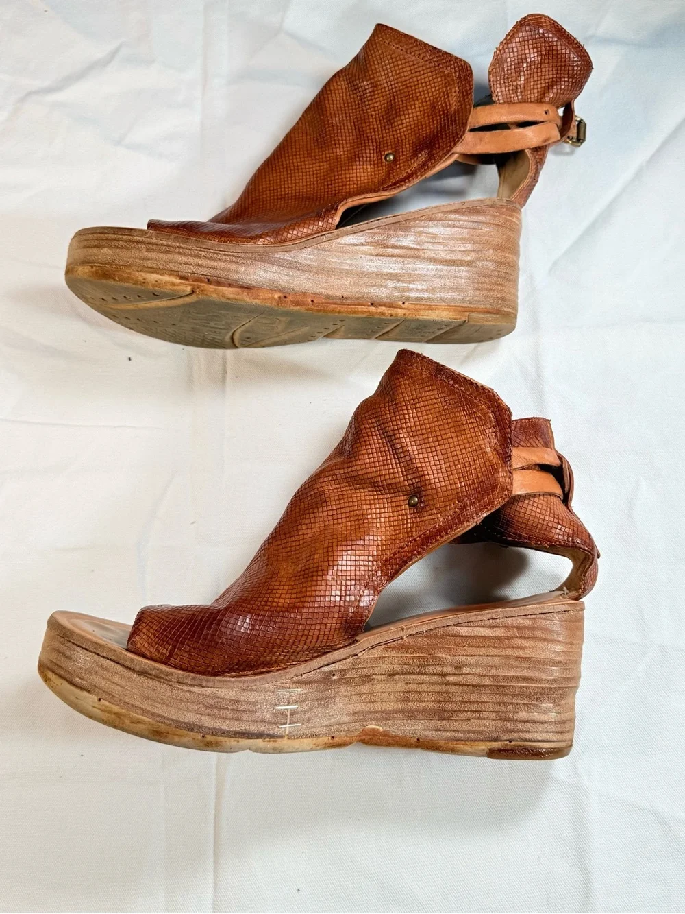 A.S.98 Cognac Snake-Embossed Leather Platform Wedge Sandal Booties